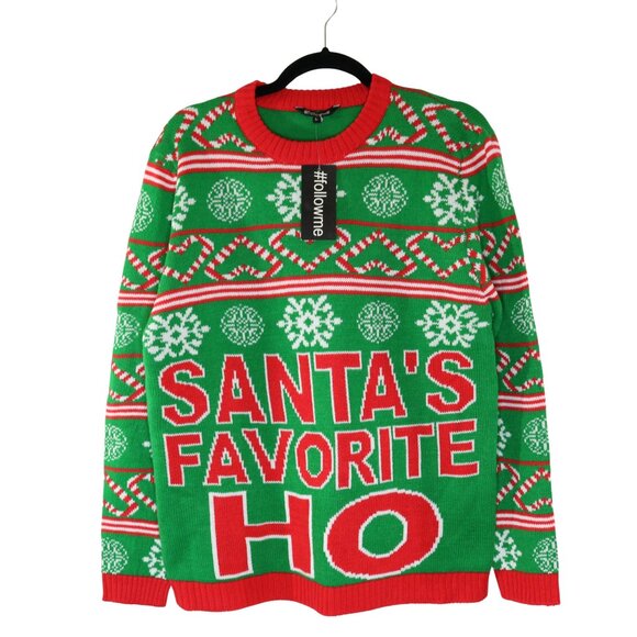 FollowMe Ugly Christmas Sweater Santas Favorite Ho Green Red White - Picture 1 of 13